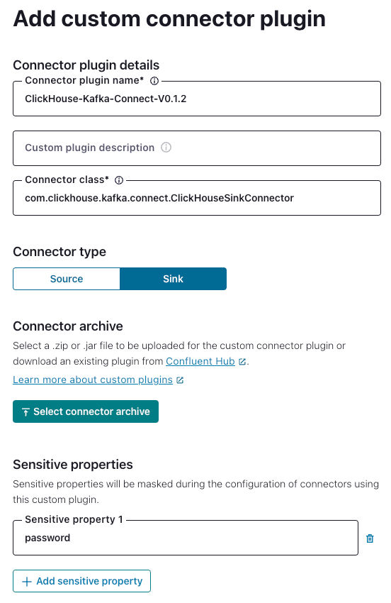 Интерфейс Confluent Platform с настройками для добавления пользовательского коннектора ClickHouse