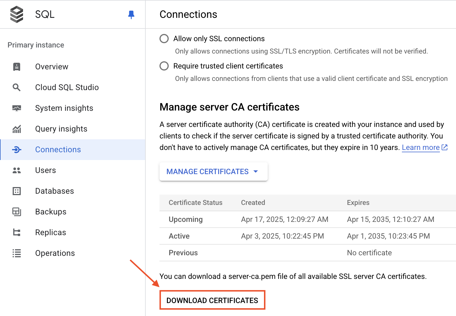 Загрузка сертификата GCP MySQL