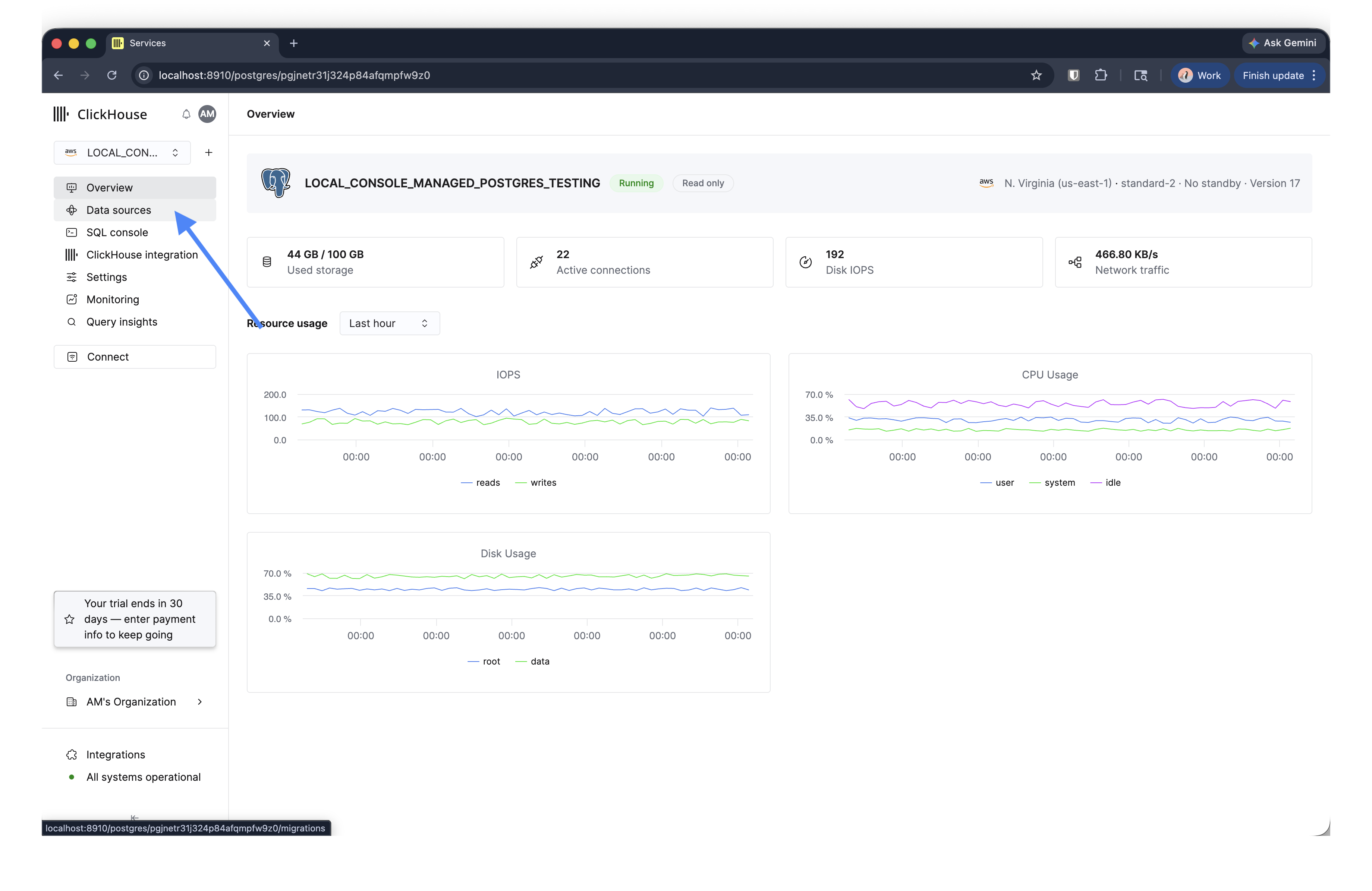 Пункт Data sources на боковой панели сервиса Managed Postgres