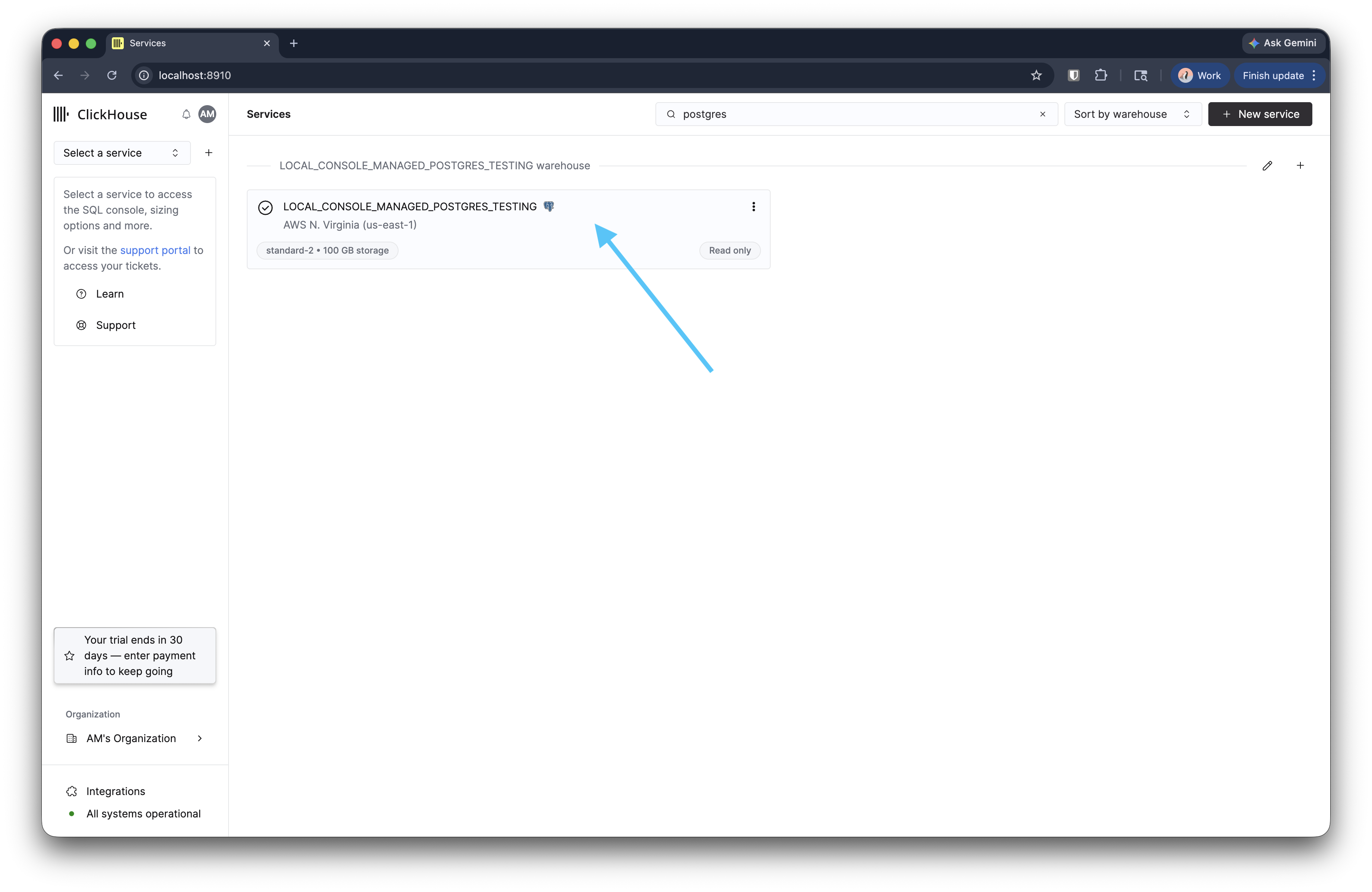 Карточка сервиса Managed Postgres в списке сервисов ClickHouse Cloud