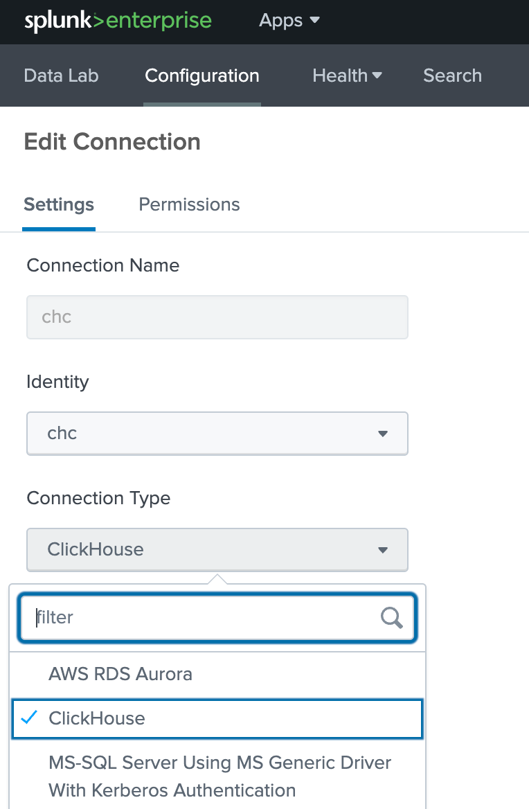 Кнопка создания нового подключения в Splunk DB Connect