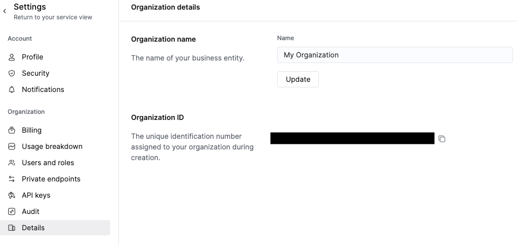 Консоль ClickHouse Cloud с открытой страницей Organization details и отображаемым Organization ID